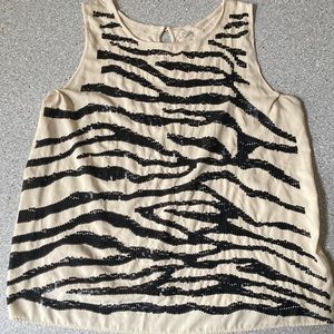 Ann Taylor Loft cream tank with black sequins in a zebra pattern. Made in India